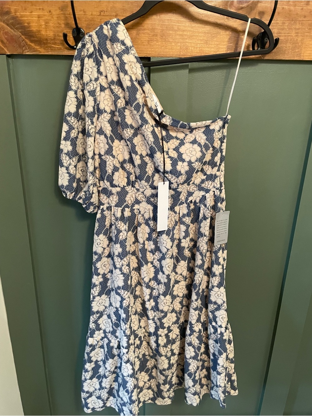 NWT Nordstrom NSR One-Shoulder Blue and Cream Floral Lace A-Line Dress